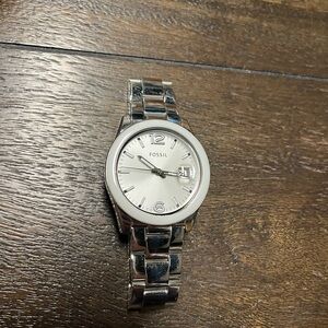 Ceramic Fossil Silver-Tone Womens Watch with Date Display